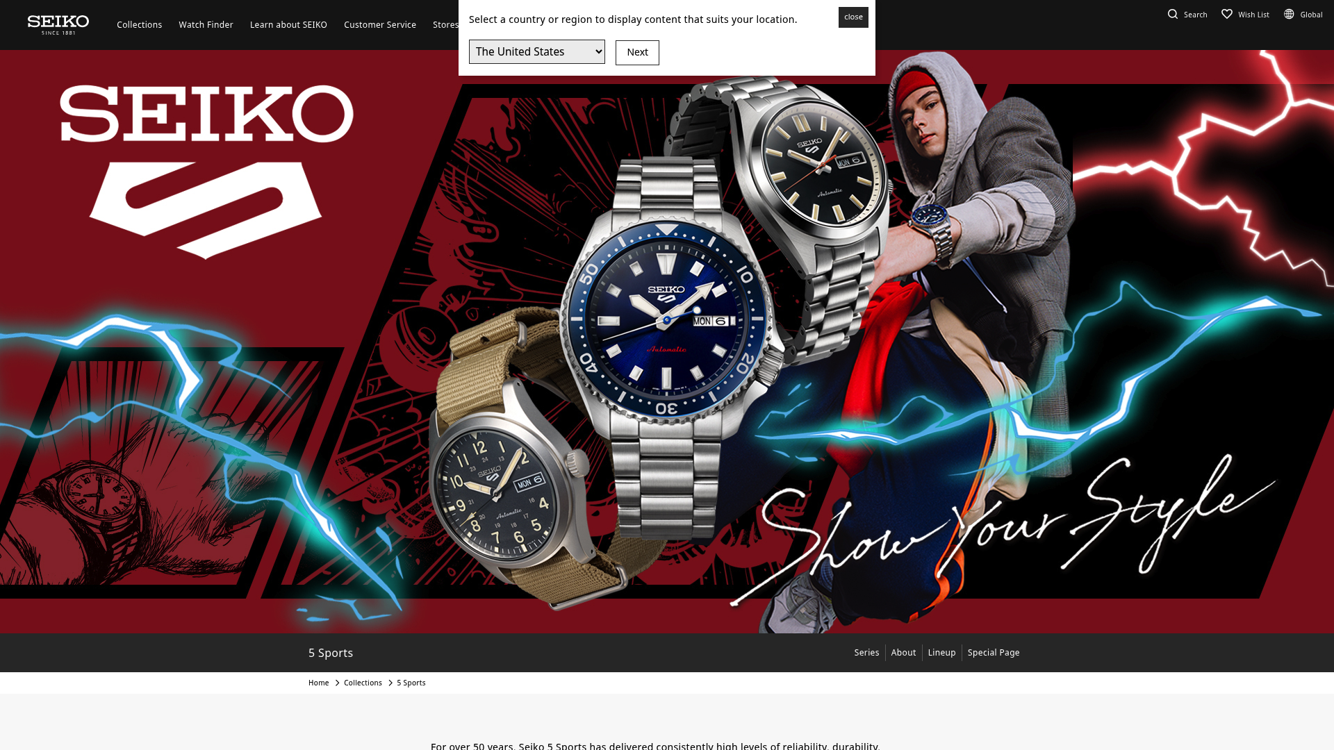 Seiko 5 Sports landing page