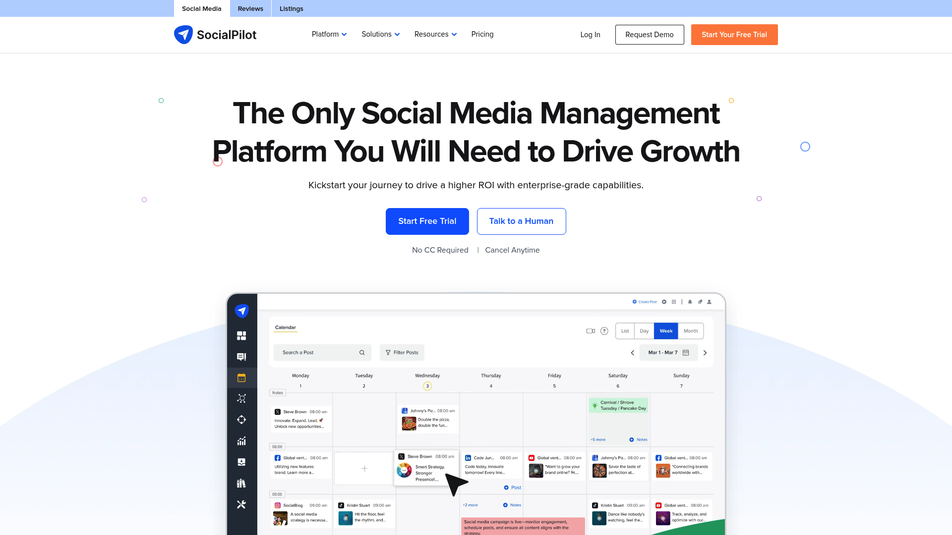 A screenshot of the SocialPilot homepage, one of the top twitter automation tools for small businesses.