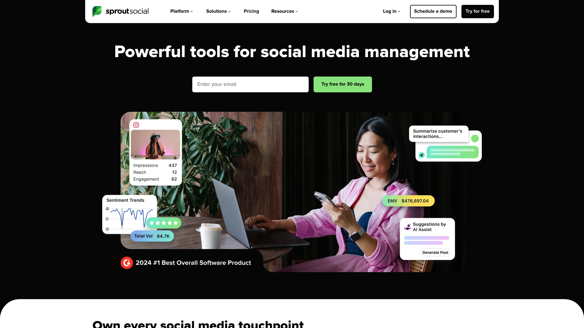 A screenshot of the Sprout Social homepage, an all-in-one platform and one of the top twitter automation tools.