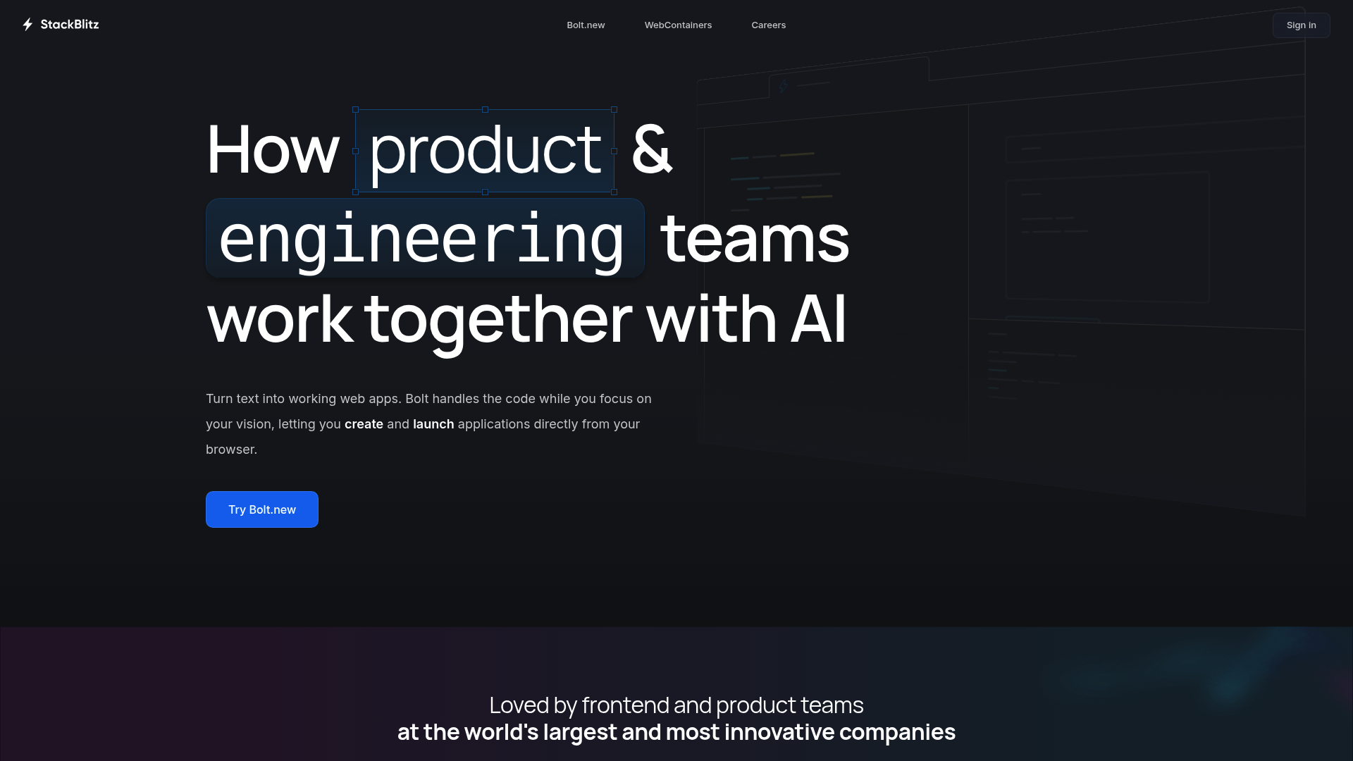 A screenshot of the StackBlitz landing page, the company behind the Bolt text-to-code tool.