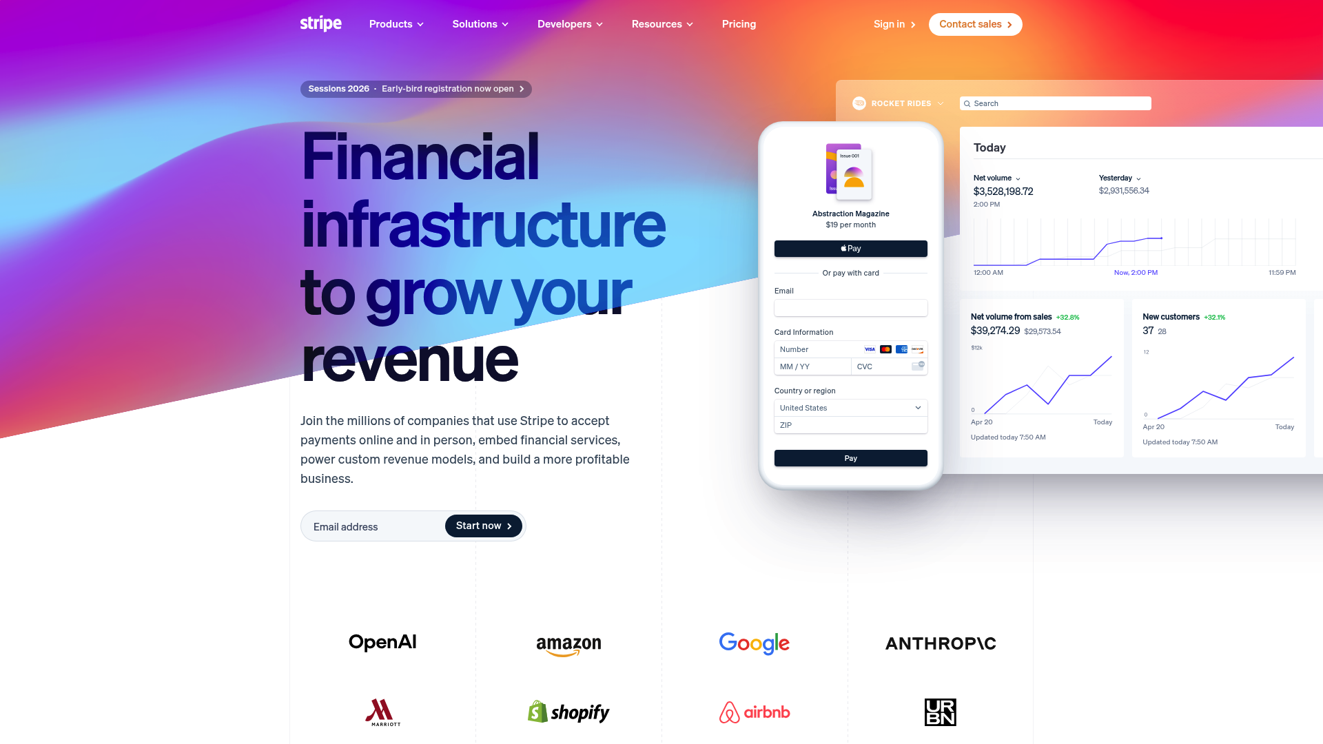 A screenshot of the Stripe landing page, a widely used payment processing platform for e-commerce.