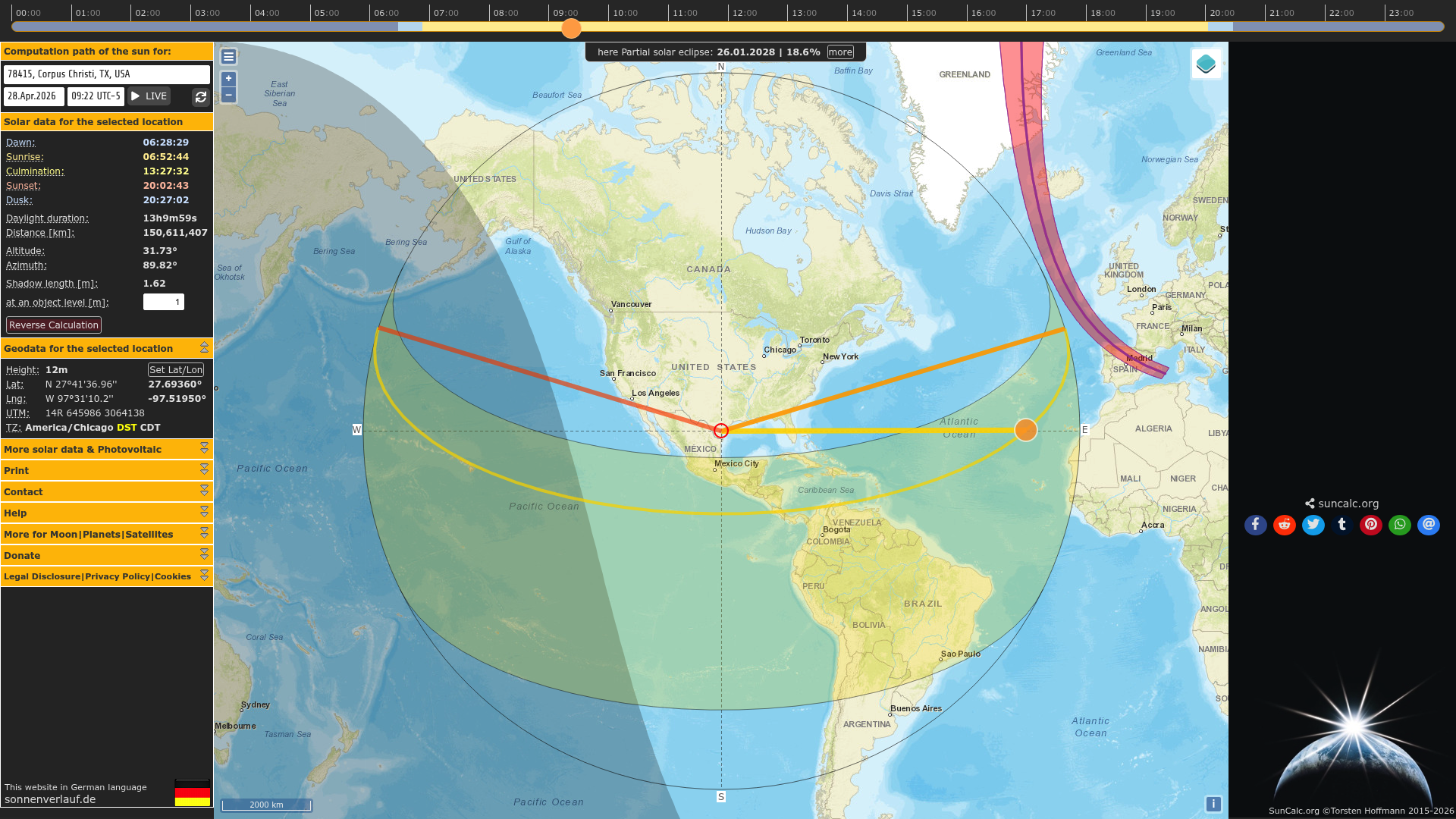 A map showing sun trajectory for a specific location.