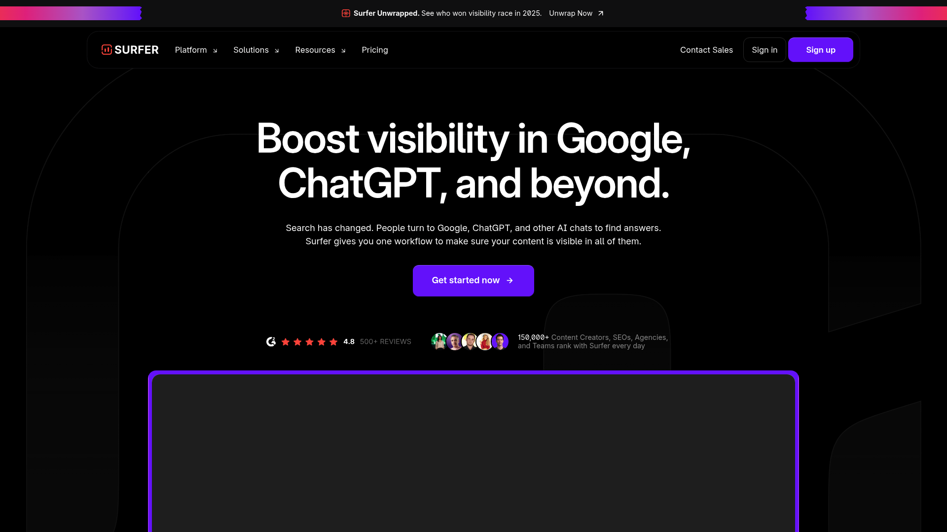 SEO最適化に最適なAIツールの一つとして挙げられている、Surfer SEOのランディングページのスクリーンショット。