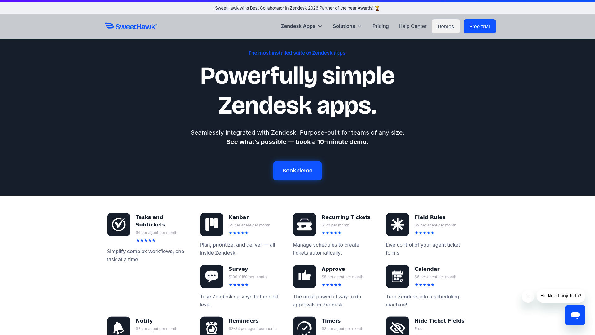 Une capture d'écran de la page de destination de SweetHawk.