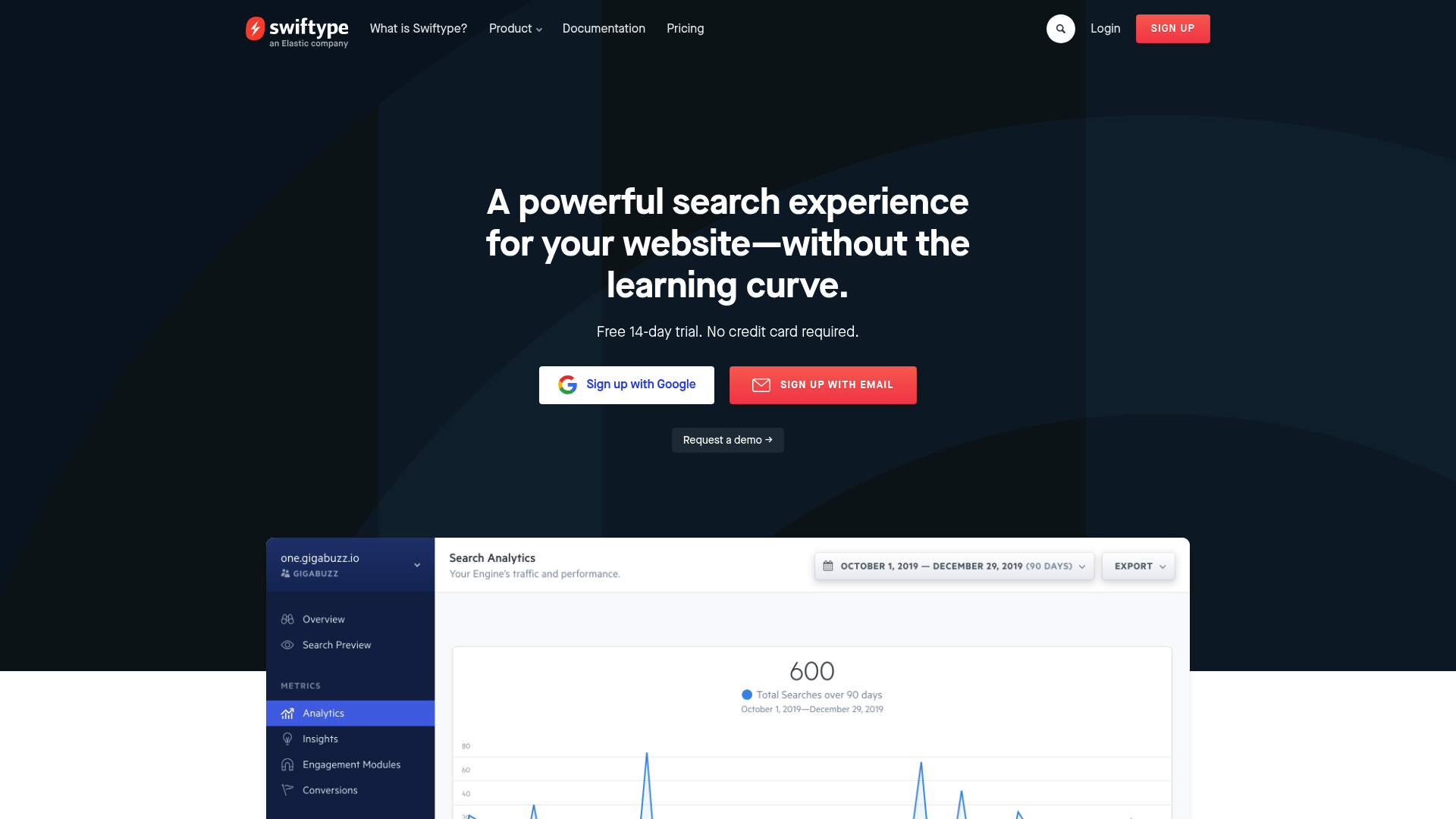 Una captura de pantalla de la página de inicio de Swiftype.