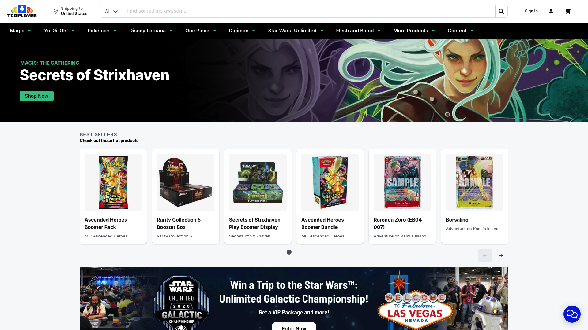 A screenshot of TCGplayer's landing page.