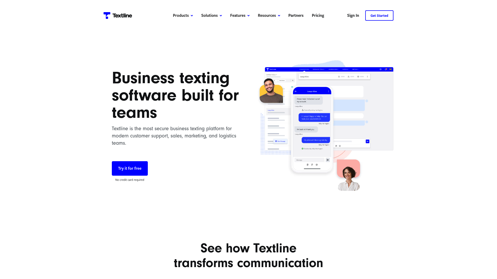 Página inicial da plataforma de mensagens de texto comercial Textline