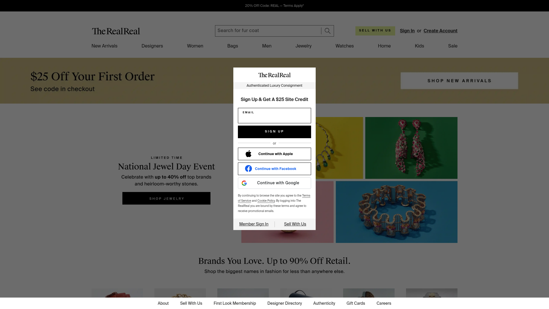 The RealReal's homepage featuring authenticated luxury consignment items.