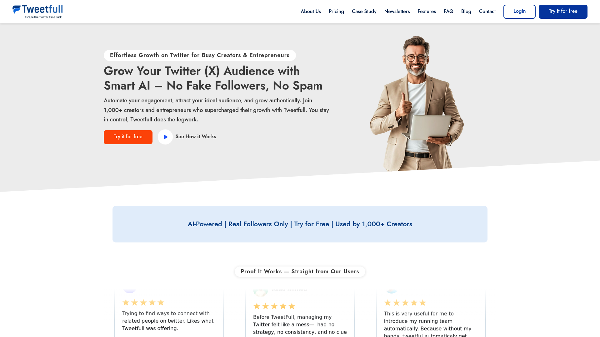 A screenshot of the TweetFull homepage, one of the top twitter automation tools for organic growth.