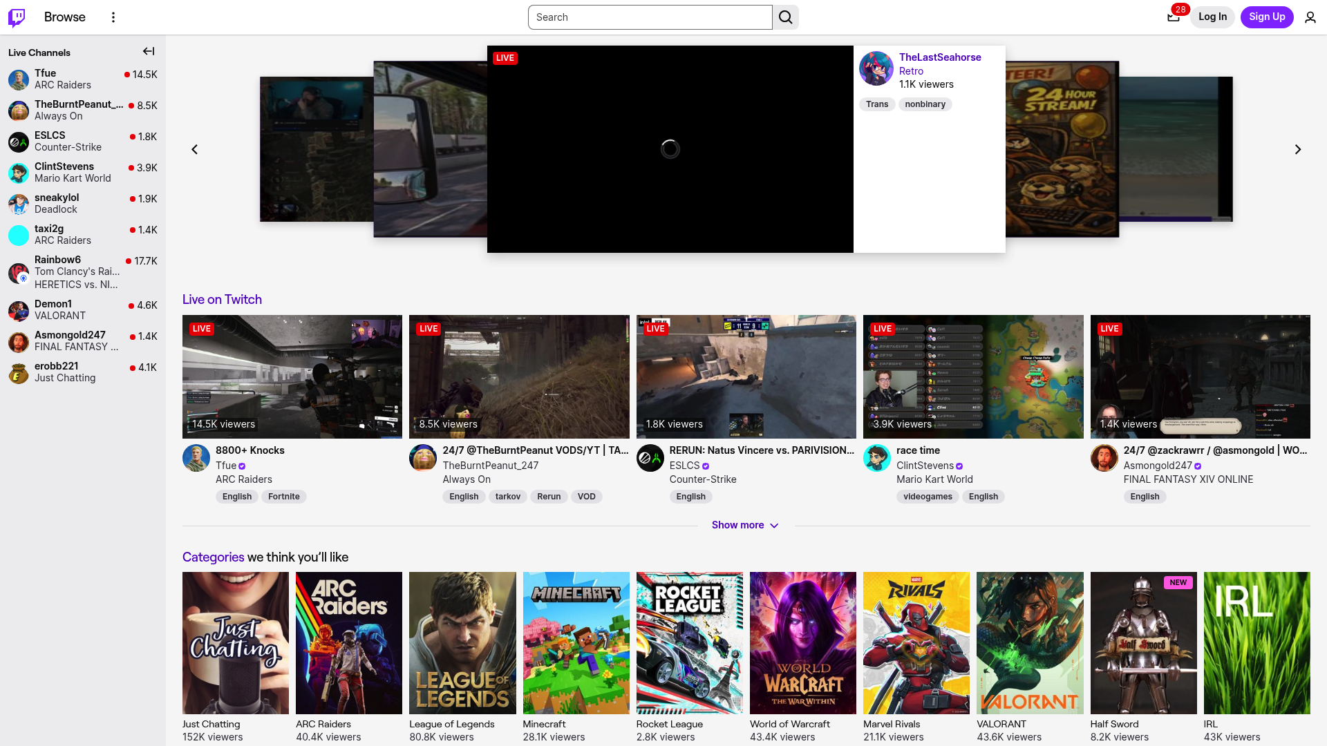 Pagina principale di Twitch con le categorie principali