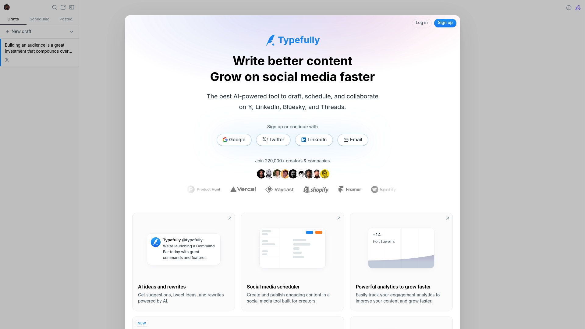 A screenshot of the Typefully homepage, a content creation tool and one of the top twitter automation tools.