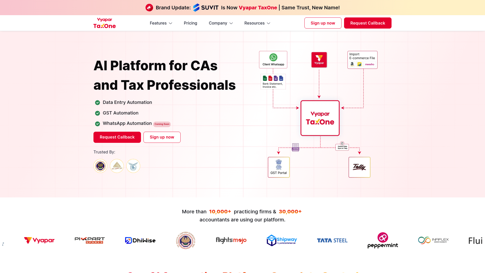 A screenshot of the Vyapar TaxOne landing page, showcasing its features as one of the top AI tools for CA practice.