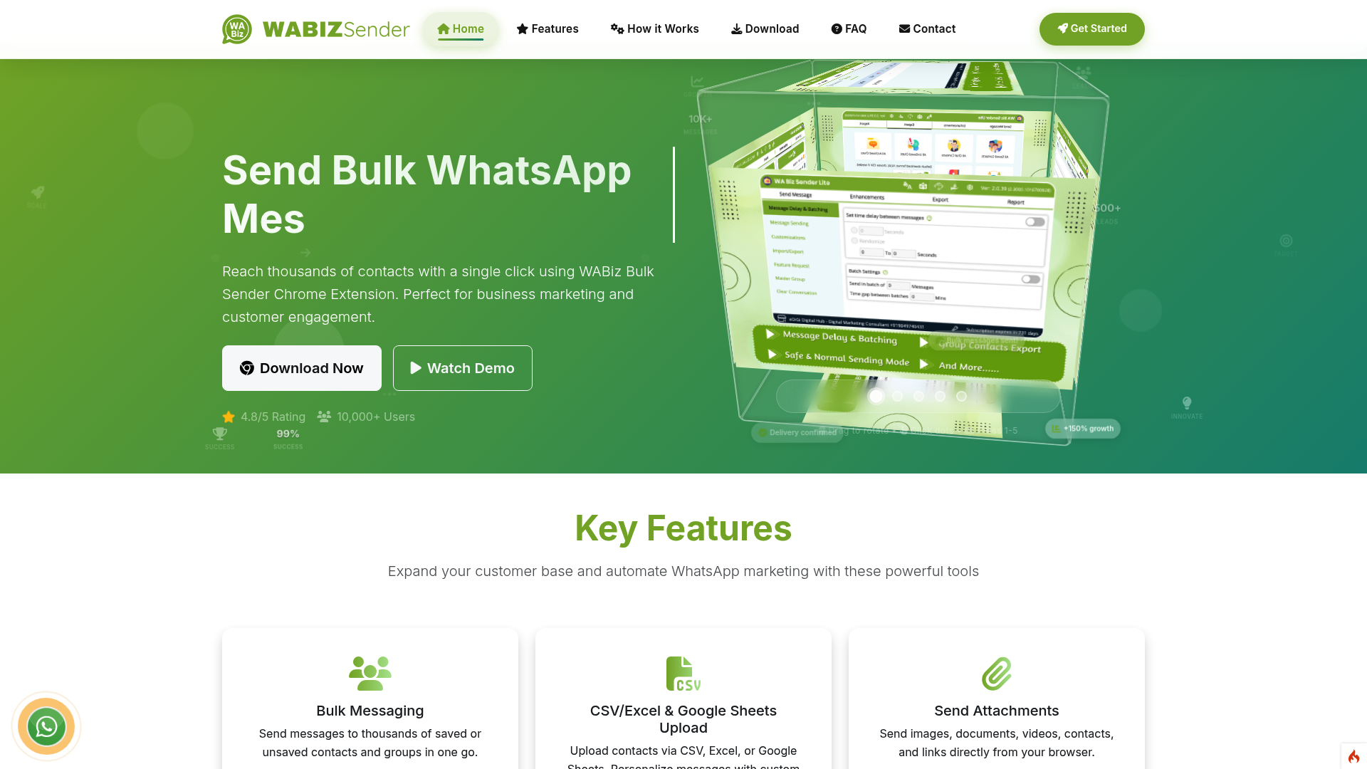 WA Biz Sender landing page for privacy-focused WhatsApp bulk messaging