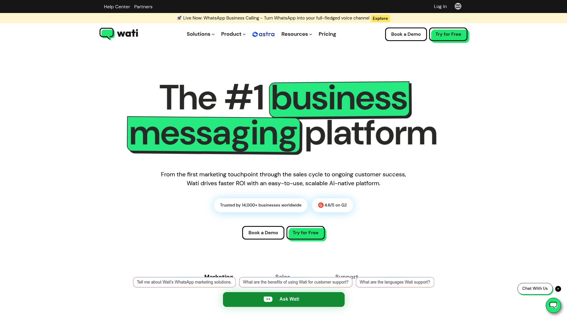 WATI landing page for dedicated WhatsApp API platform