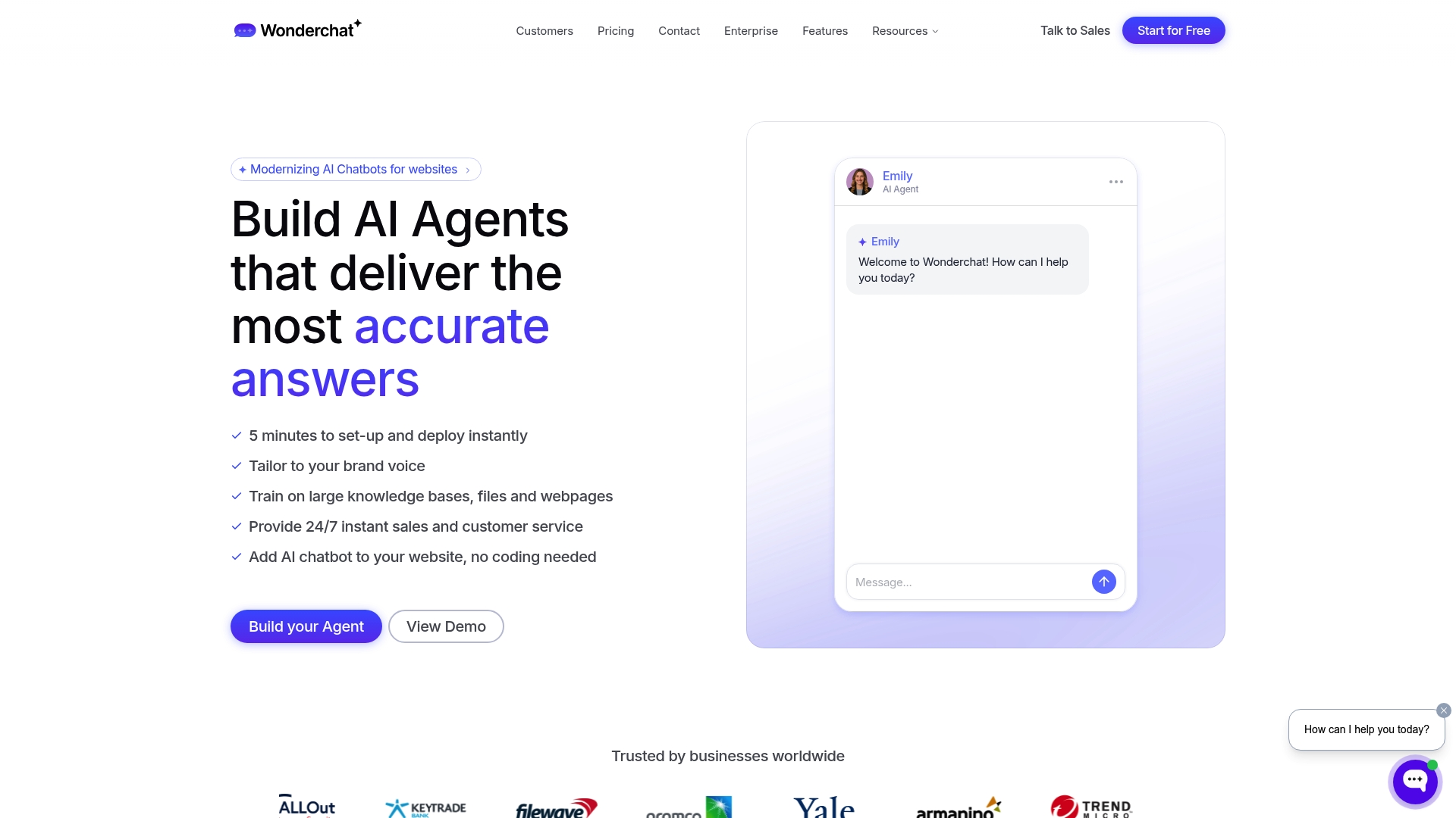 Página inicial da plataforma de chatbot Wonderchat AI com recursos de base de conhecimento.