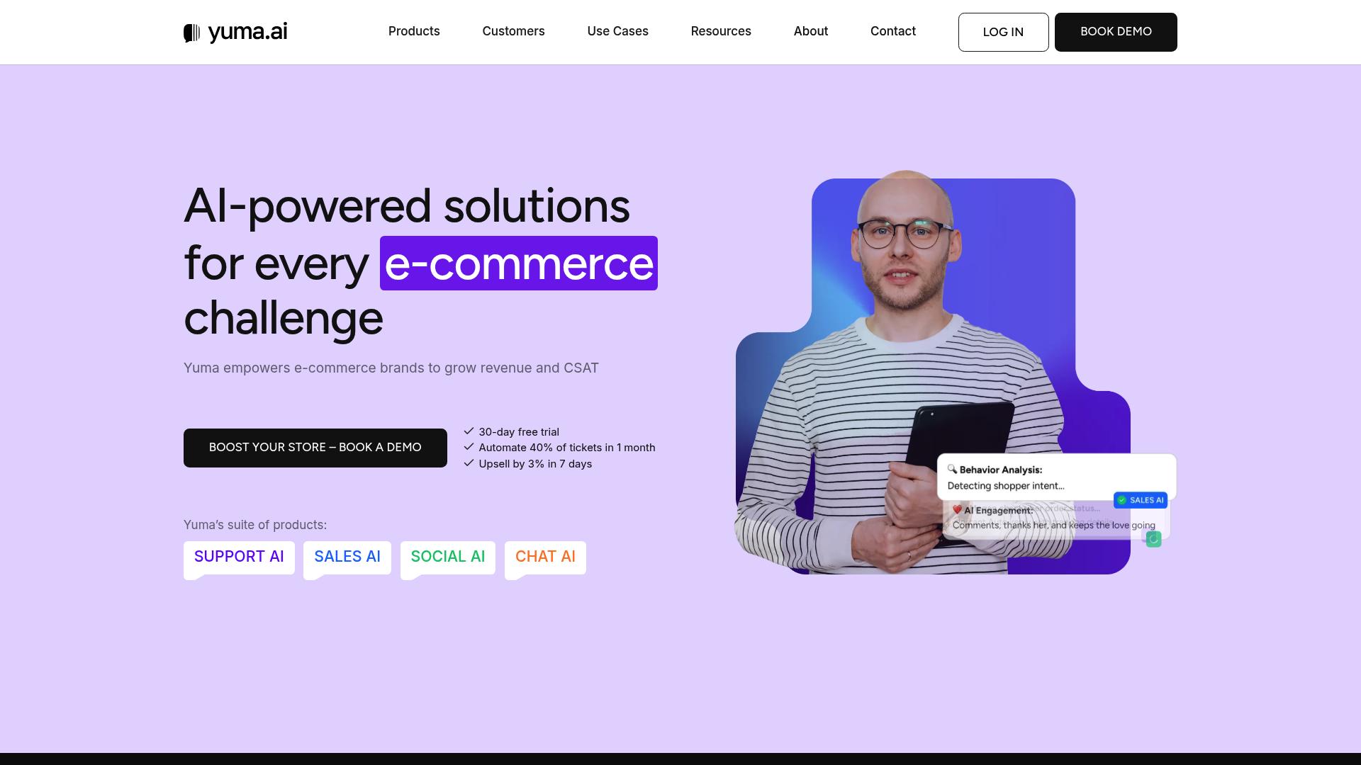 Página de destino de Yuma AI que muestra las funciones de automatización del comercio electrónico