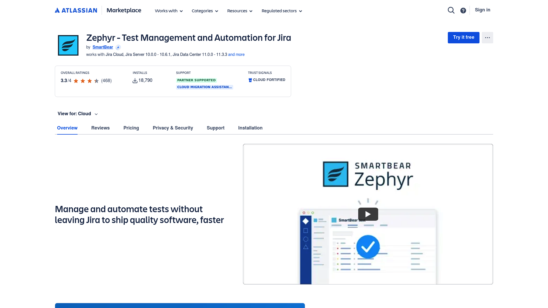 Listado de Zephyr Scale en el Marketplace con funciones de automatización de pruebas