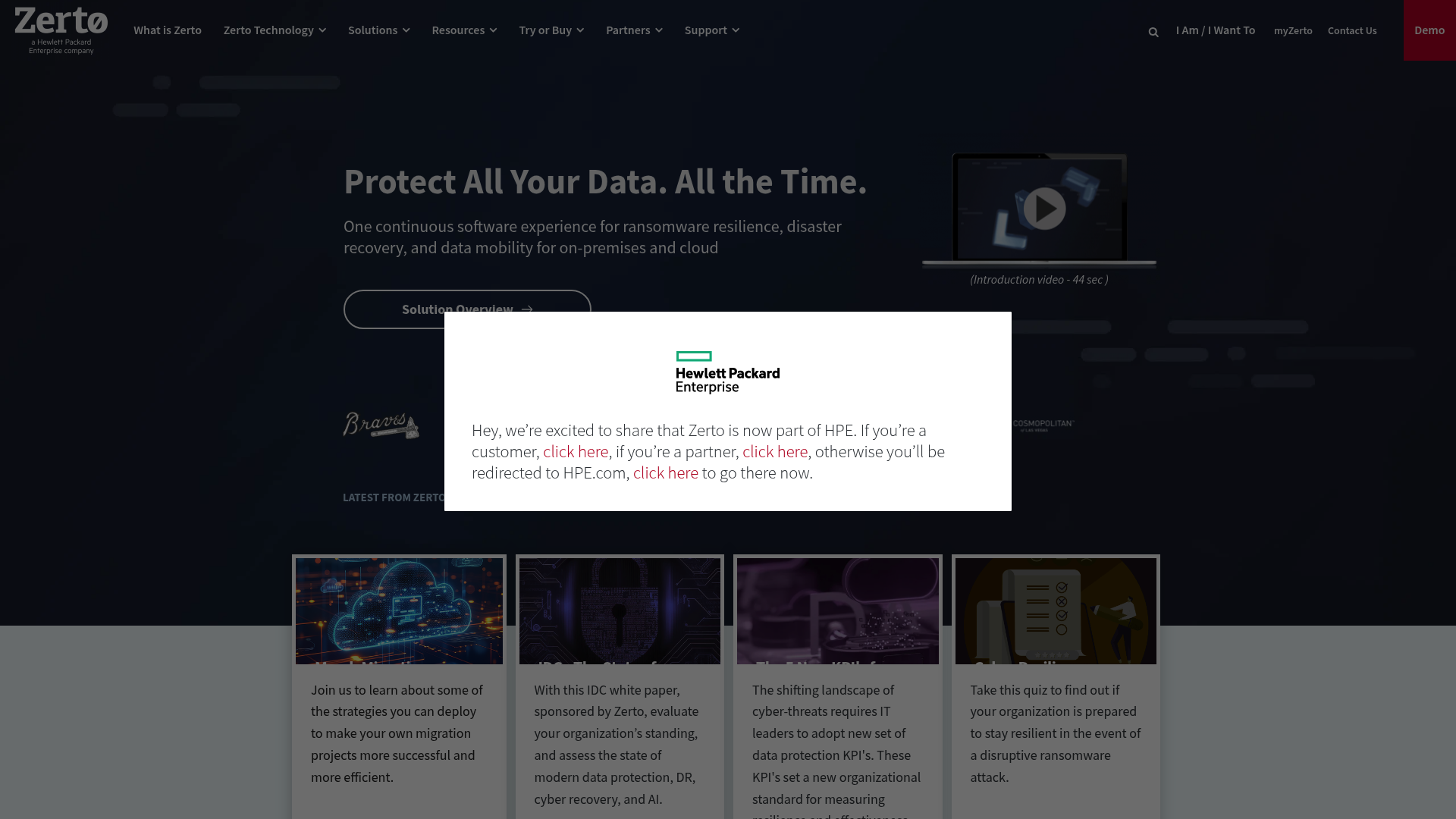 A screenshot of the HPE Zerto homepage, showcasing one of the best cloud backup and disaster recovery tools