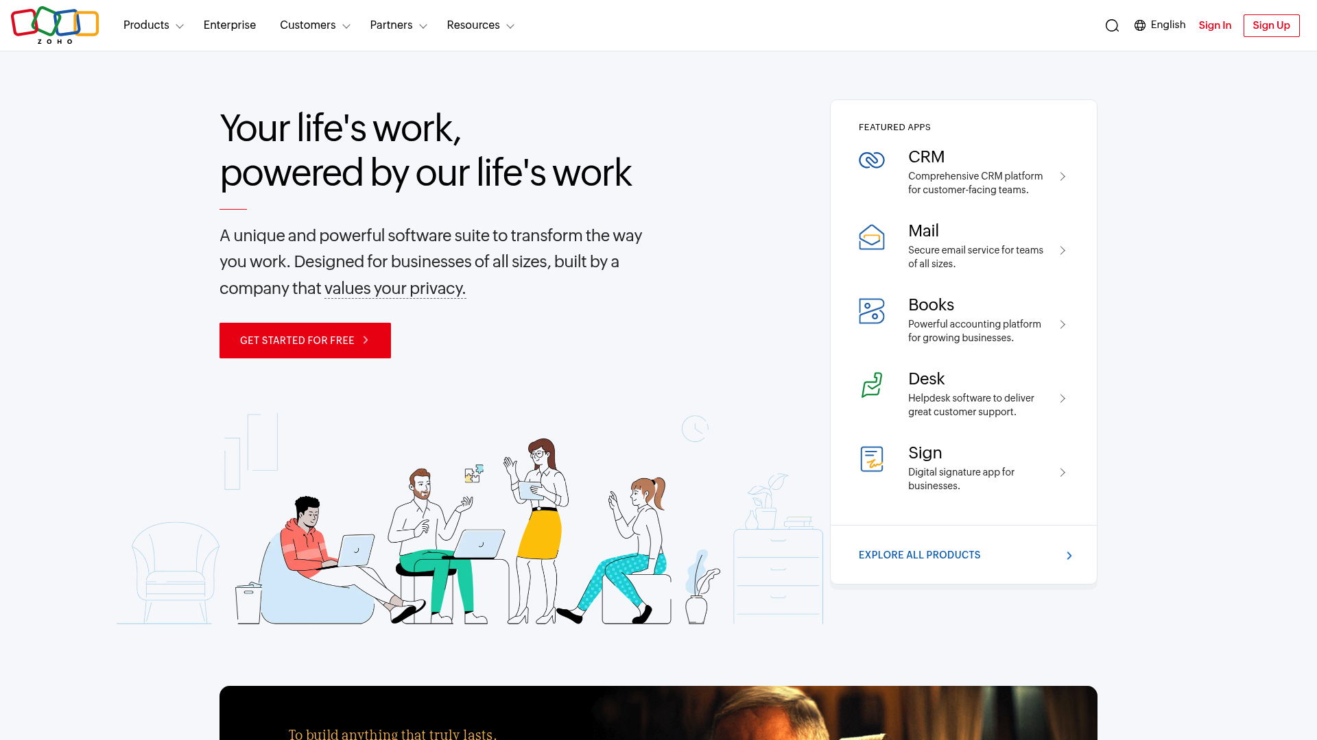 A screenshot of the main landing page for Zoho Books, a top small business accounting software that integrates with the Zoho suite.